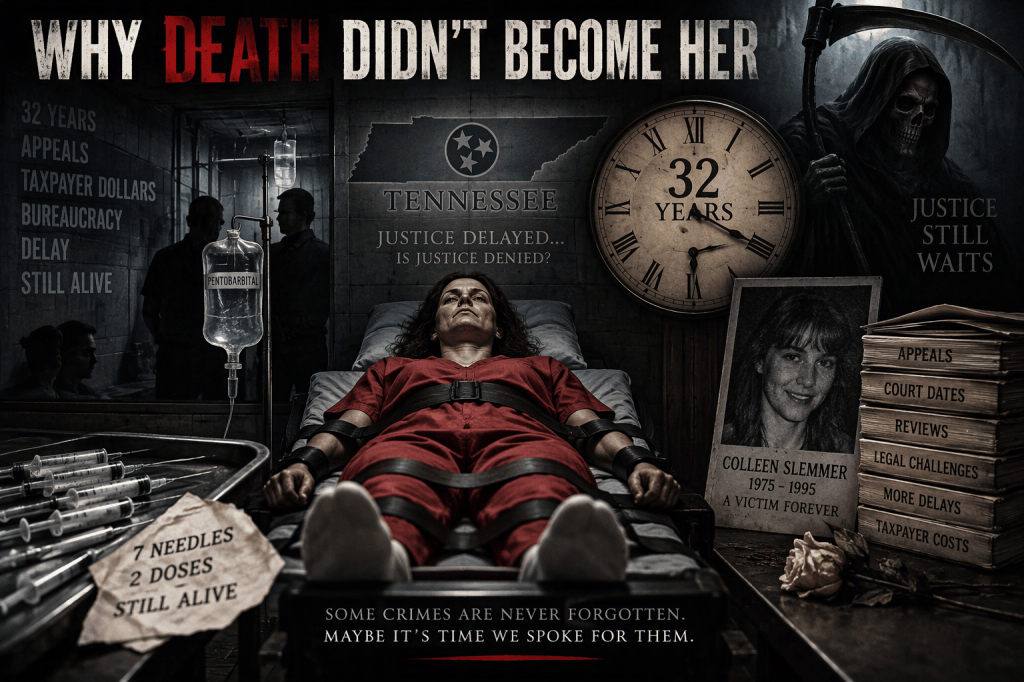 Graphic depiction of legal delays in capital punishment, featuring the phrase 'Why Death Didn't Become Her' at the top, a clock showing '32 years', and a somber image of a woman named Colleen Slemmer, surrounded by symbols of justice and bureaucracy.